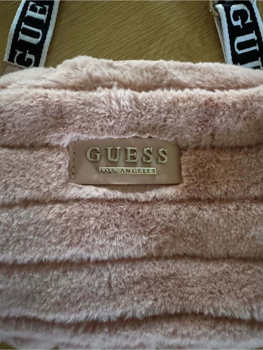 GUESS Blush Pink Plush Crossbody with Branded Strap